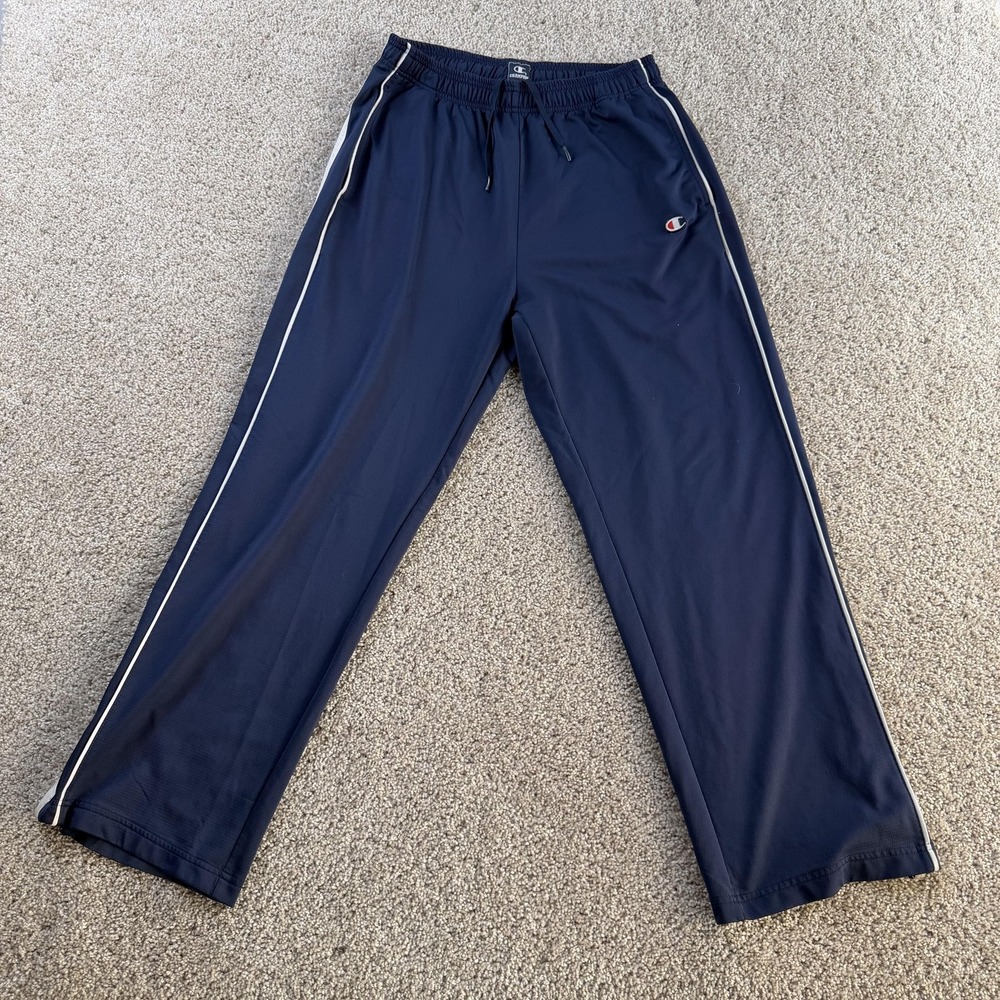 Champion Track Pants Mens Medium Blue Elastic Waist Zip Ankles Side Stripe